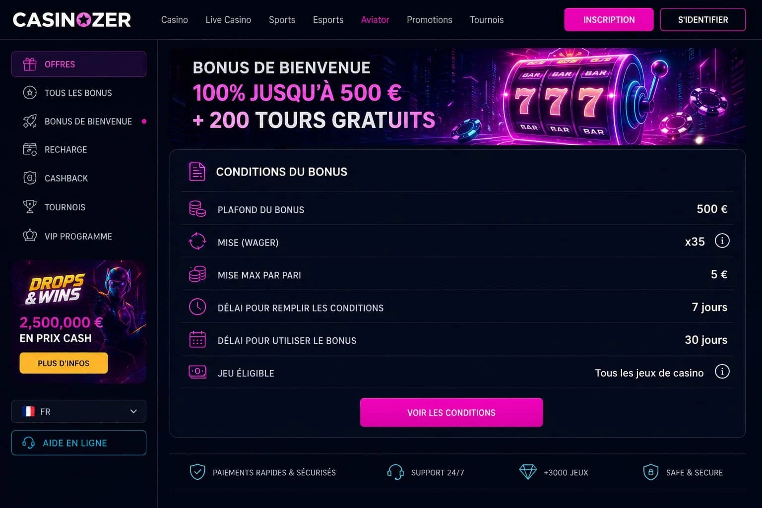 Casinozer bonus : conditions et règles d'utilisation